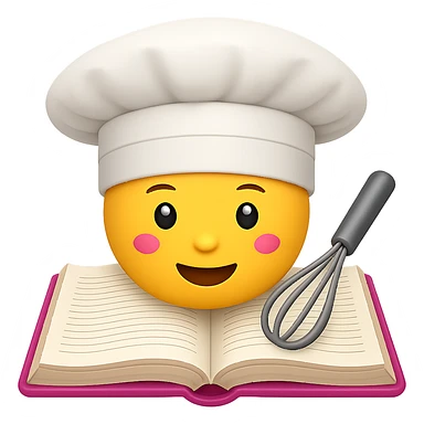 Create an emoji style image of a chef hat on top of a cookbook with a whisk. The style should resemble apple style emojis with clear, concise details and vibrant colors. sticker