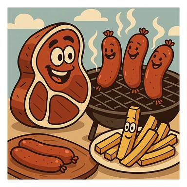 beef sirloin steak sausages on a bbq french fries potato plates   sticker