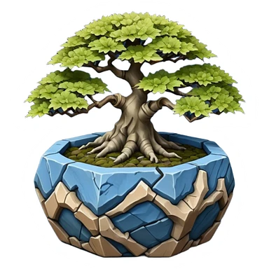 Korean very old broken Stone Age rocky-crusted dodecahedron-shaped shallow dark moss rough bark blue maple tree bonsai pot sticker