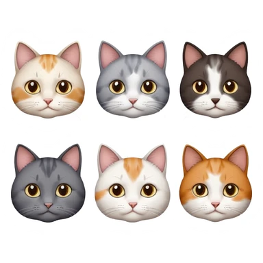 5 different coloured short haired cats including; a dark brown and white cat, and a dark grey and white, and a calico sticker