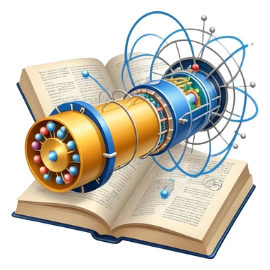 An icon featuring a physics textbook, a large Hadron Collider with particles flying off, symbolizing the study of physics. The design includes atomic models, energy waves, and scientific formulas, representing fundamental physical principles and research. Transparent background. sticker
