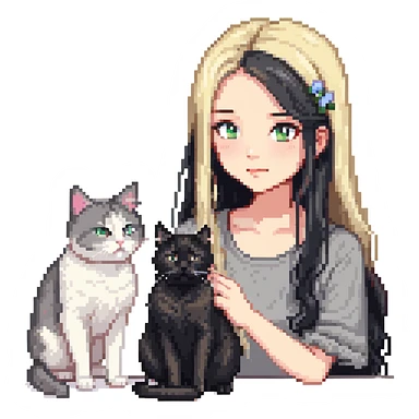 Beautiful girl with long black hair petting a gray and blonde mixed cat sticker