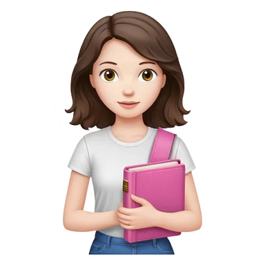 brunette woman, pale skin, shoulder-length wavy hair, white t-shirt, holding a pink Bible sticker