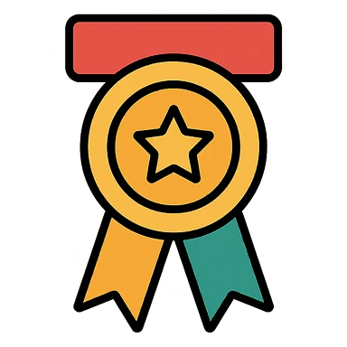 premium award badge icon with gold and colorful elements, elegant and minimalist flat design, 2D flat vector, trending icon look, soft shadows, isolated on white background, no text, perfect for commercial use sticker