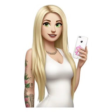 Realistic White girl with Long straight blonde hair, green eyes, tattoos, full body wearing white dress and pink knee-high leather boots, doing cute selfie pose sticker