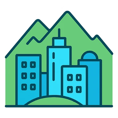 minimalist icon of a Colorado city with mountain peaks behind, cool blue and green tones sticker