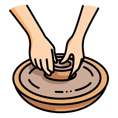 Two hands working on clay pottery, pinching and lifting clay on a pottery wheel, simple clean design with color outlines sticker