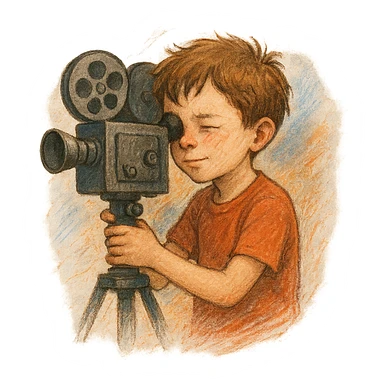 a little boy behind a camera, making a film, creative atmosphere sticker