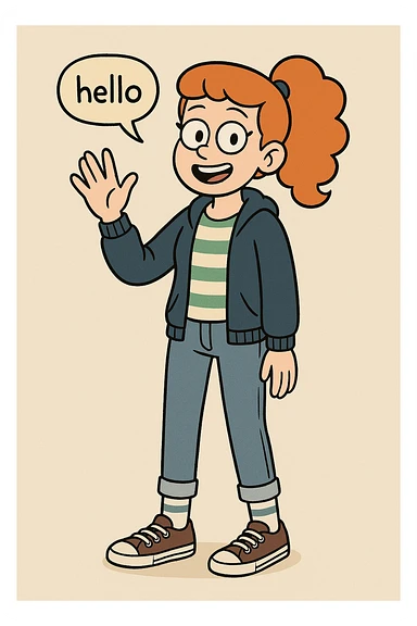 A girl Orange curly ponytail white green stripes ddre sshair jacket jeans blue sports striped socks brown converse women's chuck taylor all star shoreline slip on casual shoe wave and say hello sticker