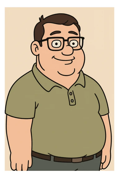 cartoon style male with short dark brown hair, glasses, stocky, greeny blue eyes, friendly expression sticker