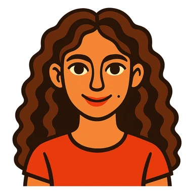 vibrant illustration of a girl with long curly brown hair (not too dark), intense dark brown eyes, clear skin (neither pale nor tan), mole on right cheek, loving expression sticker