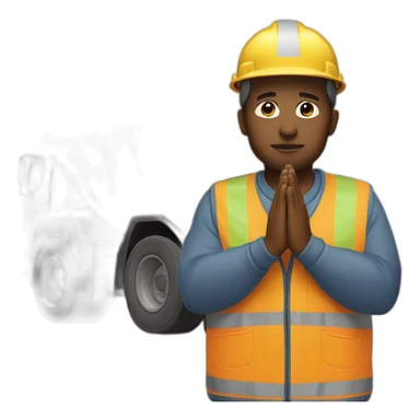 construction worker with hands in prayer standing directly in front of a DUMP TRUCK sticker