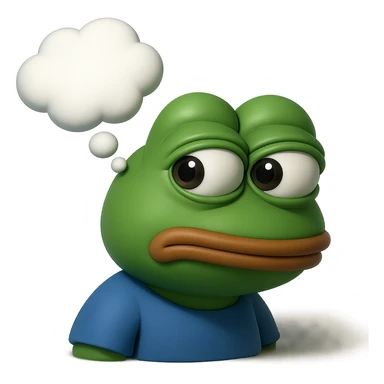 make a pepe with thought bubble looking at left side in 3d style, good highlights and shadows, drop shadows  sticker