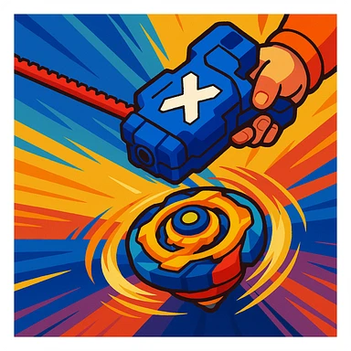 Beyblade X launcher, dramatic motion blur, colorful, toy style sticker