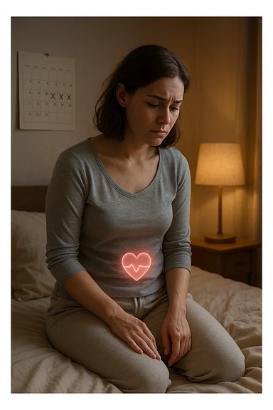 3D realistic medical illustration: a young woman in her 20s or 30s sits on the edge of a bed in a softly lit bedroom, looking thoughtful and slightly concerned. She wears comfortable loungewear, her posture is slouched, and her expression is subdued. Subtle visual cues—such as a faded calendar with missed menstrual cycles and a dimmed heart or energy icon near her abdomen—symbolize low libido and amenorrhea. The scene is realistic, intimate, and empathetic. sticker