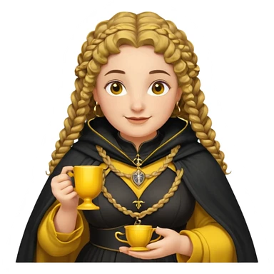Helga Hufflepuff, 2 curly thick brown braids, yellow-black medieval dress, black cloak decorated with gold braiding, tiny two-handled shiny yellow-gold cup, very kind smile, curvy busty sweet woman, thick rosy cheeks sticker