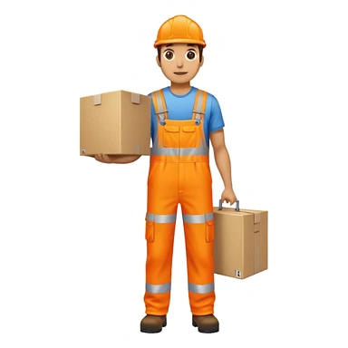 man standing sideways, wearing orange hi visibility overalls, carrying a large box sticker