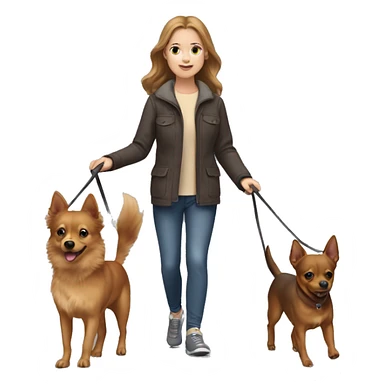A light brown haired girl, walking a miniature Pinscher and a big light brown Spitz on the lead sticker