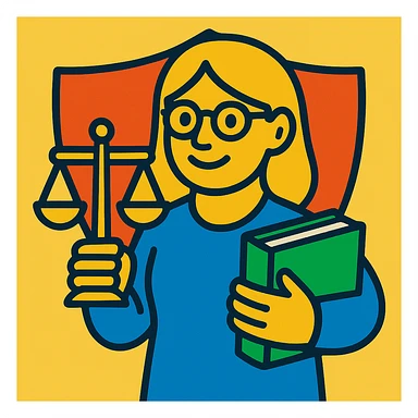 A lady with blond hair and glasses, holding a green book and a gold justice scale, with a shield in the background, in a vibrant toon style. sticker