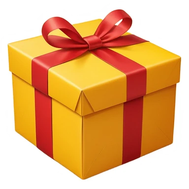 box with yellow wrapping paper and a length of red ribbon surrounding it on the ground so you can see most of the box sticker