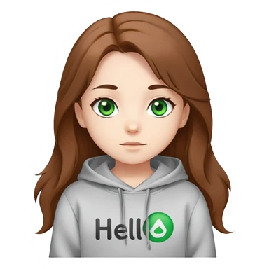 Chibi girl with green eyes, long brown unruly hair, S-With shaped eyebrows. Dressed in a sweatshirt. Says hello.  sticker