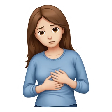 Sad women with long brown hair rubbing stomach with shirt on sticker