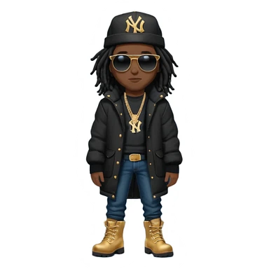 African American man with shoulder length black dreadlocks and black sunglasses wearing a black New York Yankees baseball hat wearing a black bubble winter coat with denim skinny jeans and timberland boots wearing a crown sticker
