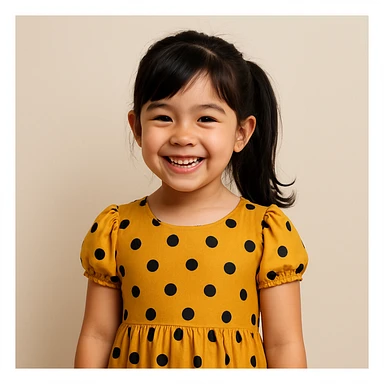 girl wearing a dress, black hair styled in a ponytail, cheerful, plain background sticker