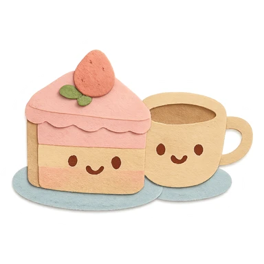 small hand-drawn cake with coffee cup beside, soft pastel kawaii style sticker