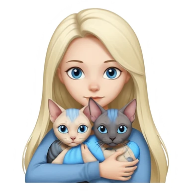 girl with long split-dye hair half blonde half black and blue eyes cuddling two grey sphynx cats emoji style sticker