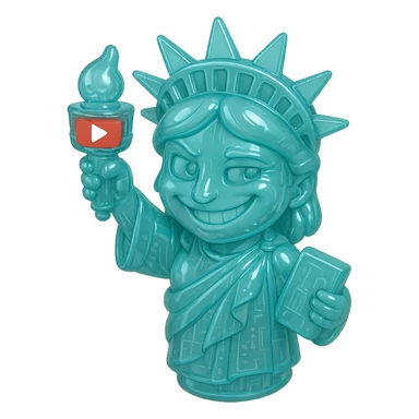 Statue of Liberty with a playful sarcastic grin, red YouTube play button, glossy circuit style sticker