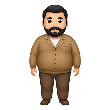 Fat brown man. Clothed. Full body. Black hair. Small beard and mustache. Black hair sticker
