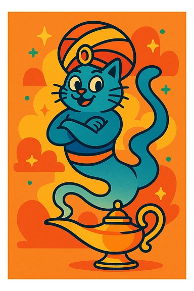 a genie cat with a turban, smoky ghost tail, floating and emerging from an oil lamp, vibrant cartoon style sticker