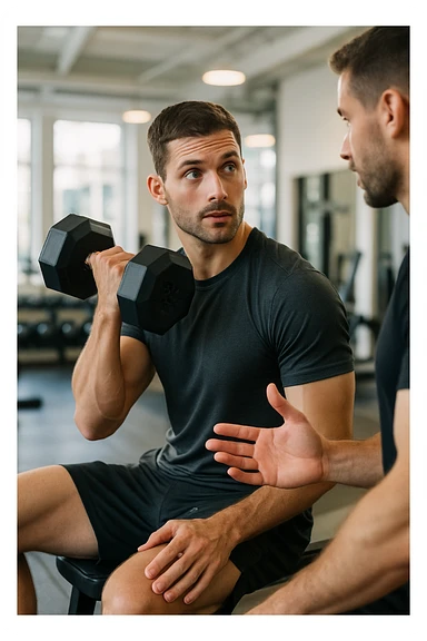 sporty man in gym inspired by reference photo, alternating glances between weights and trainer, seeking advice on intensity, bright environment, vertical format sticker