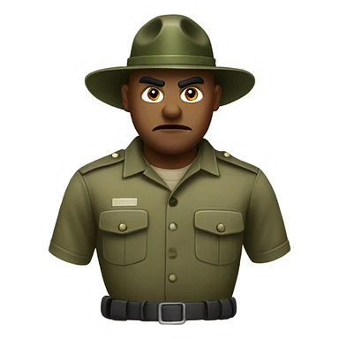 drill sergeant character wearing a classic sergeant hat and a camouflage army shirt. The character should have an angry intense expression. full torso sticker