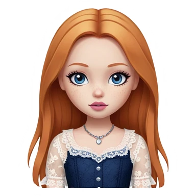 pretty bratz girl, ginger straight hair, freckles, dark blue eyes, pink lips, black eyeliner, pale skin, cute lace girly clothes sticker