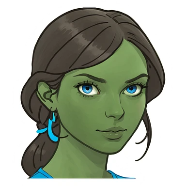 Brunette lady with blue eyes with breast and two men standing behind sticker