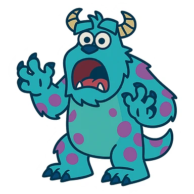 James P. Sullivan Sulley from Monsters Inc, surprised expression, mouth open, blue fur, purple spots, cartoon sticker