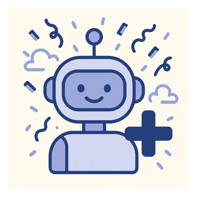 Create a 'new user' Slack webhook icon in a flat, playful style. Use the composition of the first reference image with a single robot and a plus sign, but incorporate the celebratory, lively theme of the second image with confetti and welcoming energy. Use a blue color palette instead of orange. Make it friendly and modern, suitable for a Slack profile icon. sticker