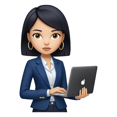 a pretty bratz girl with straight black short hair wearing a dark blue blazer and carrying a laptop. gold small hoops sticker