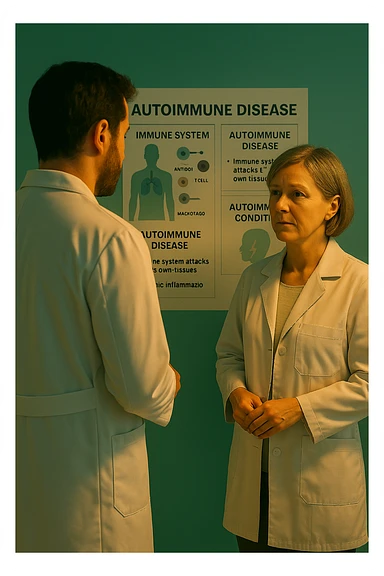 Realistic, detailed photo taken from behind of one doctor e un paziente —a bearded man and a middle-aged woman—standing and facing each other as they discuss an autoimmune disease diagnosis in front of a medical chart that displays information about the immune system and autoimmune conditions. The scene is illuminated by a yellowish, orange, warm light that softly envelops the doctors. The entire room is bathed in a single green-blue color, creating a cohesive and modern atmosphere. Both doctors wear white coats, and their body language suggests a serious, professional conversation about the complexities of autoimmune diseases. Shot with a Canon EOS R5, with high detail and natural depth of field. scritto in italiano sticker