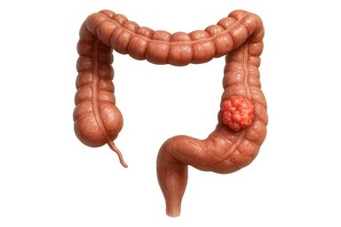 colon umano anatomico realistico malato di cancro, fai un punto visibile in cui si nota proprio la massa tumorale,+ iperrealistico 4k sticker
