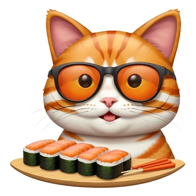 happy cat wearing sunglasses and eating sushi sticker