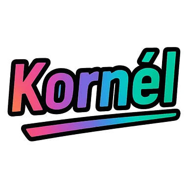 modern colorful gradient font with dark outline, dynamic slanted or partial underline, text 'Kornél', transparent background, in the style of reference patterns sticker