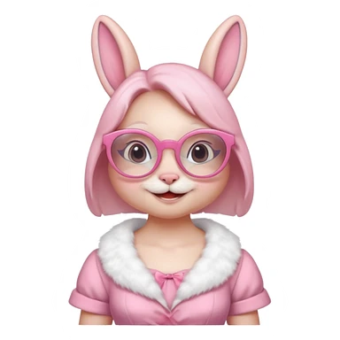Pink bunny with big circular glasses, smiling, half body with dress sticker