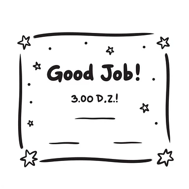 Certificate with decorative border, "Good Job!" text in the center, and stars scattered around the edges sticker