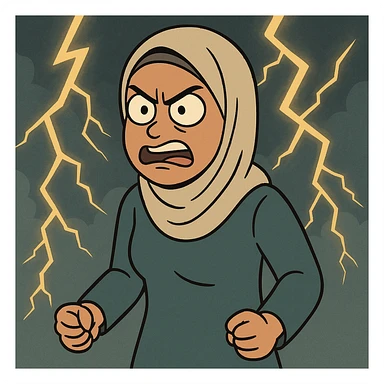 flat toon style hijabi woman, angry with lightning background sticker