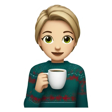 Light brown short haired girl with green eyes drinking coffee wearing blue Christmas sweater sticker