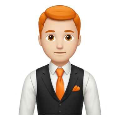groom in white vest, orange tie sticker