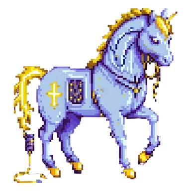 A yellow electric horse in pixel art style, made of electricity and lightning, with visible yellow wires, bolts shooting from its body as it runs. sticker